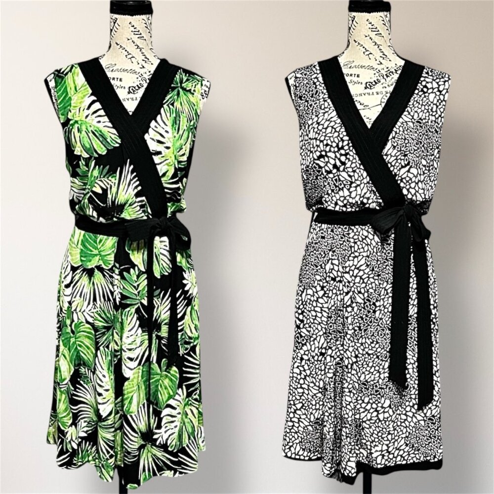 New WHBM 10 Green Gray Reversible Wrap Midi Dress V Neck Sleeveless Resort Beach